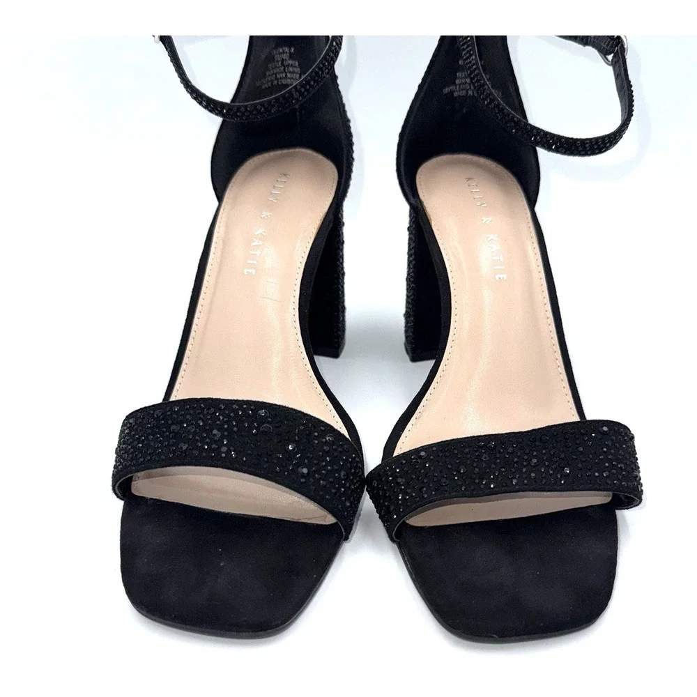 Kelly & Katie Caital Black Rhinestone Block Heel Sandals Women's Size 9